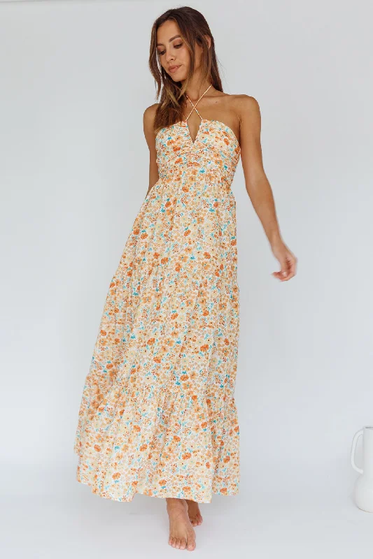 Asiah Halterneck Maxi Dress Flowers Orange