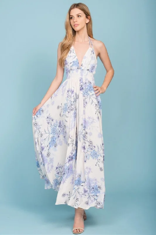 Baylor Floral Print Open Back Maxi Dress Beige