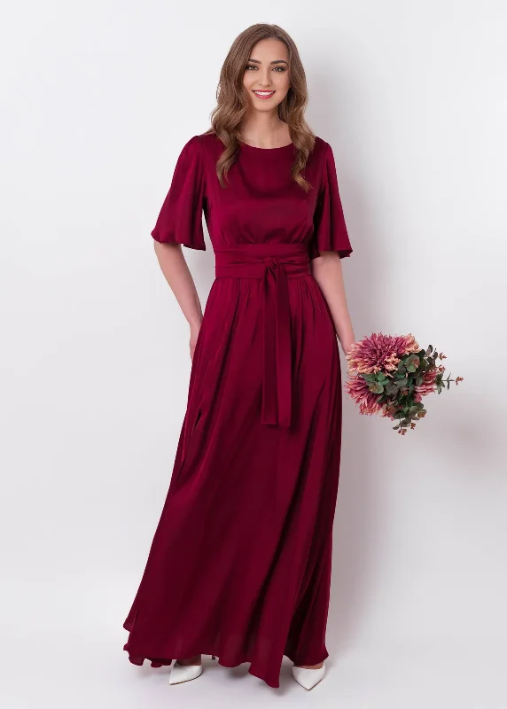 Burgundy Silk  Maxi Dress With Belt Long Slit Bridesmaid Dress Wedding Guest Dress