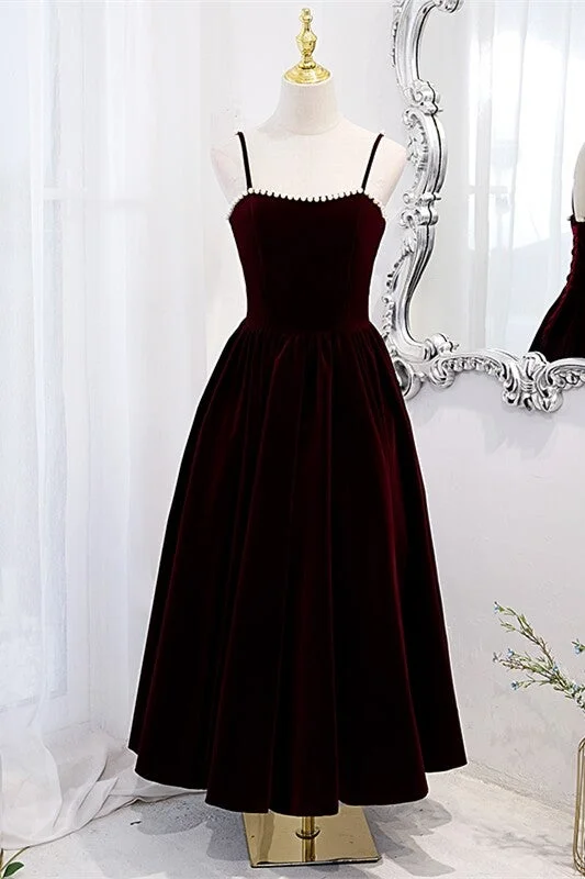 Burgundy Velvet A-line Midi Dress with Spaghetti Straps,DS3473