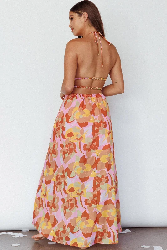 Cyndi Open Back Halterneck Maxi Dress Pink Multi