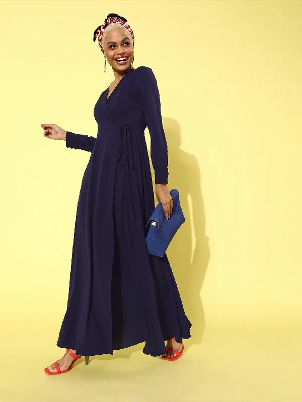 Berrylush Women Solid Navy Blue V-Neck Cuffed Sleeves Maxi Dress