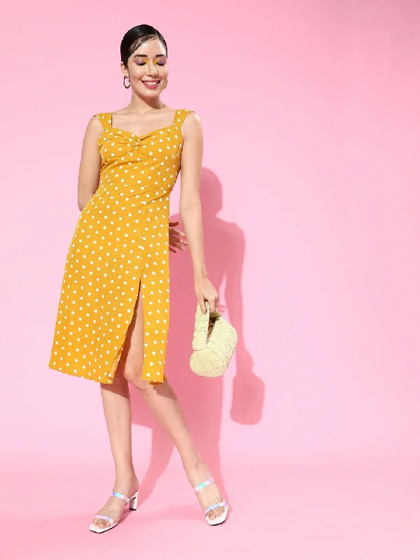 Berrylush Women Yellow Polka Dot Printed Sweetheart Neck Flared A-Line Midi Dress