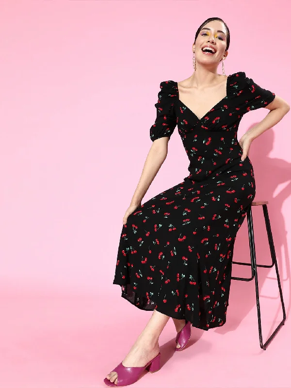 Berrylush Women Black Cherry Printed Sweetheart Neck Crepe Flared A-Line Maxi Dress