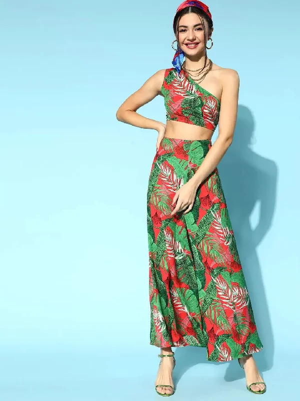 Berrylush Women Green & Red Floral Printed One-Shoulder Neck Thigh-High Slit Maxi Co-Ordinate Set