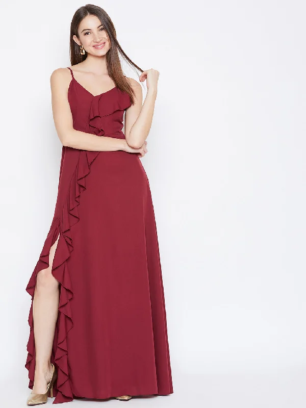 Berrylush Women Solid Maroon V-Neck Sleeveless Crepe Ruffled Maxi Dress