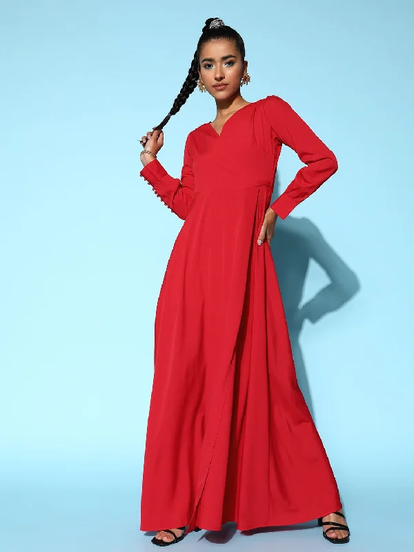 Berrylush Women Solid Red V-Neck Waist Tie-Up Thigh-High Slit Flared Maxi Dress