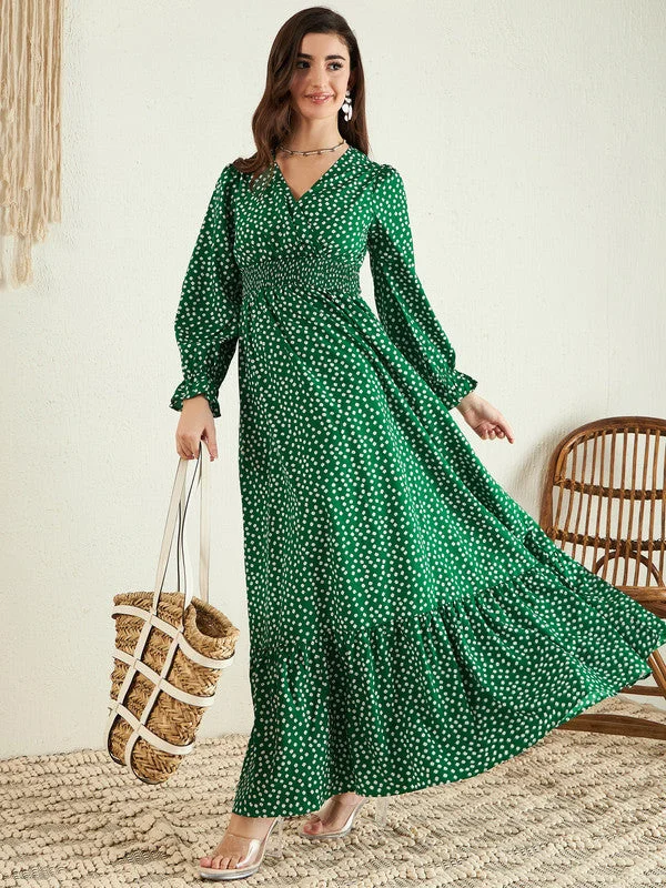 Berrylush Women Green & White Floral Printed V-Neck Bishop Sleeves Flounce Hem Ruffled A-Line Maxi Dress