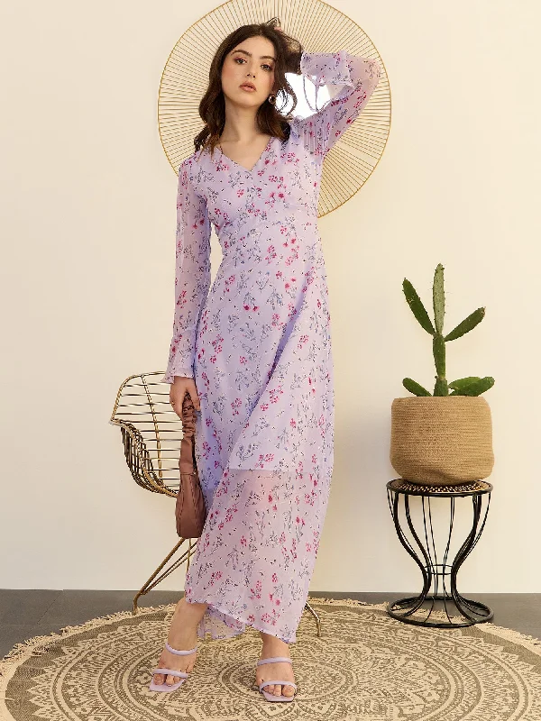 Berrylush Women Purple Floral Print V-Neck A-Line Maxi Dress