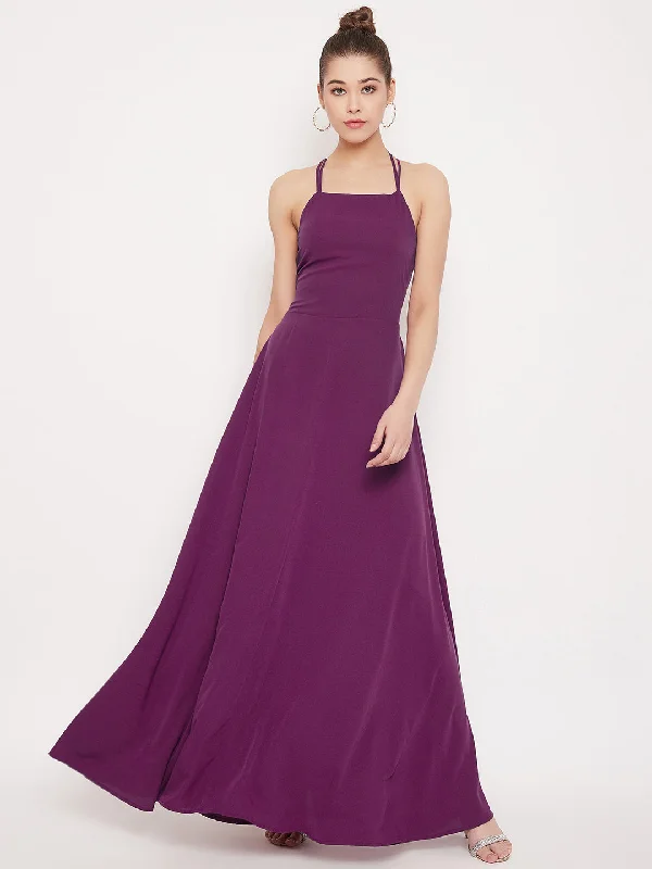 Berrylush Women Solid Purple Caged Back Halter Neck Maxi Dress