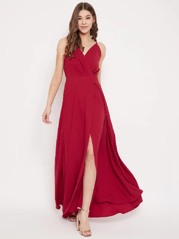 Berrylush Women Solid Red V-Neck Flared Maxi Dress