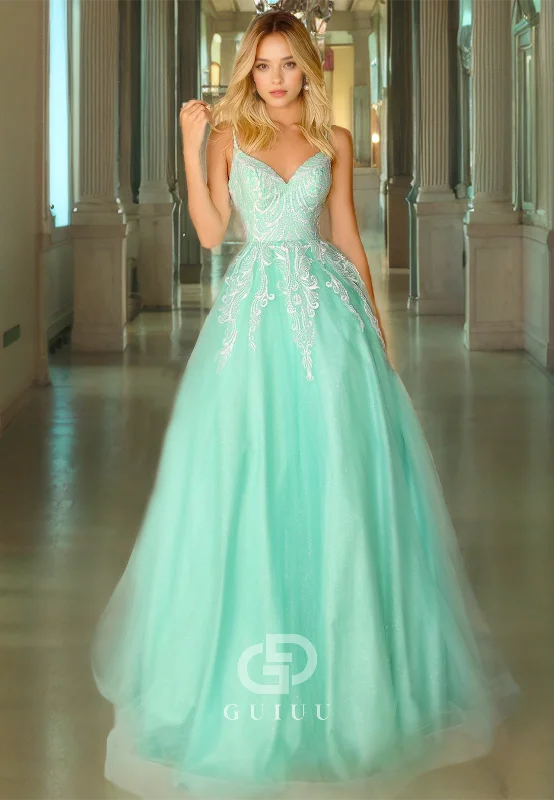 A-Line V Neck Straps Sleeveless Appliques Long Prom Dress with Train