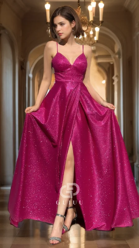 Fuchsia V-Neck Sequined Lace-Up Pleated  Prom Dress With Spaghetti Straps