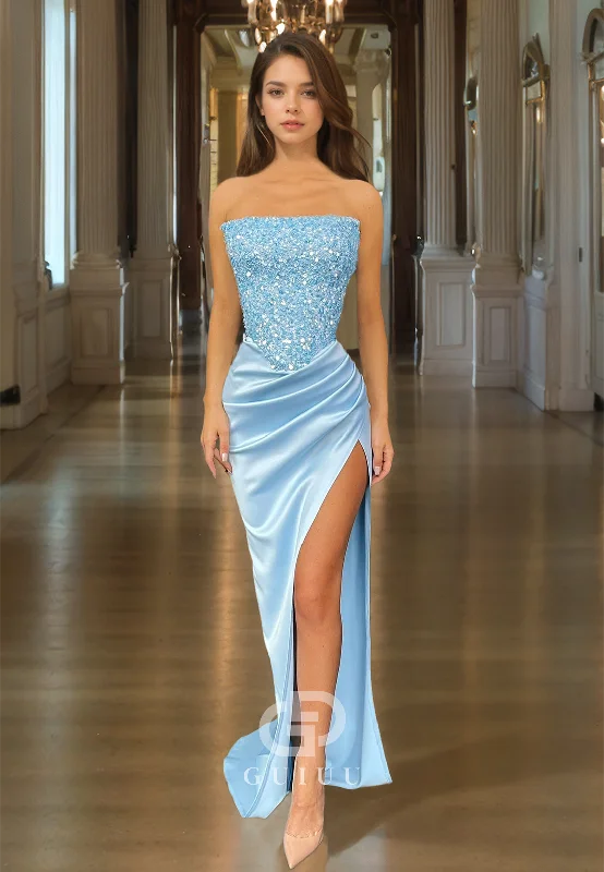 Crystal Strapless Sheath Pleated Prom Dress with High Side Slit