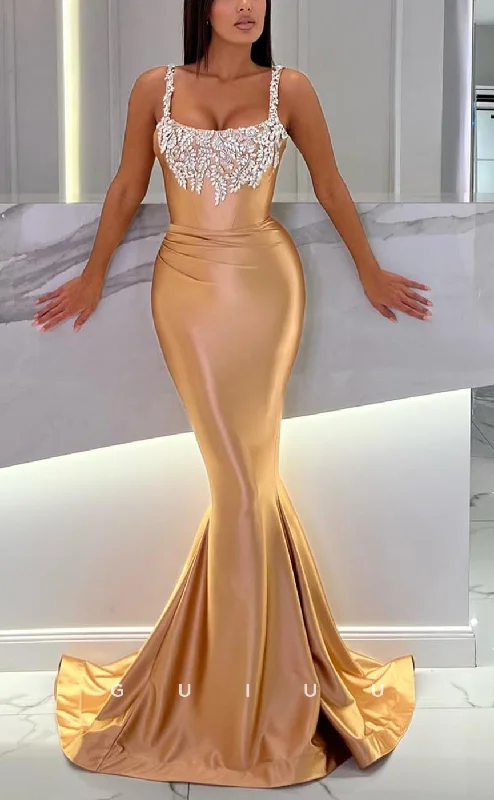 G3627 - Sexy & Hot Trumpet Square Straps Beaded Draped Floor-Length Evening Party Gown Prom Dress