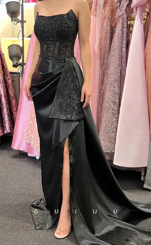 G3669 - Sexy Sheath Strapless Appliques Draped Long Evening Party Gown Prom Dress with High Side Slit and Sweep Train