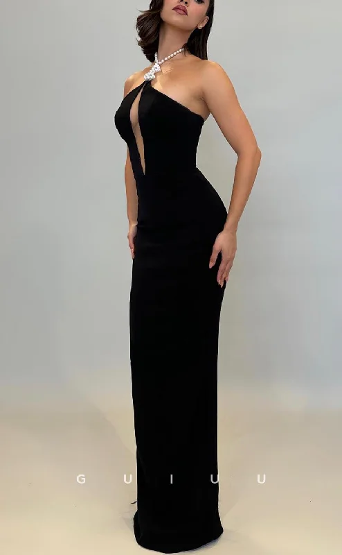 G3696 - Sexy & Hot Sheath Halter Cut-Outs Pearls Party Gown Prom Dress