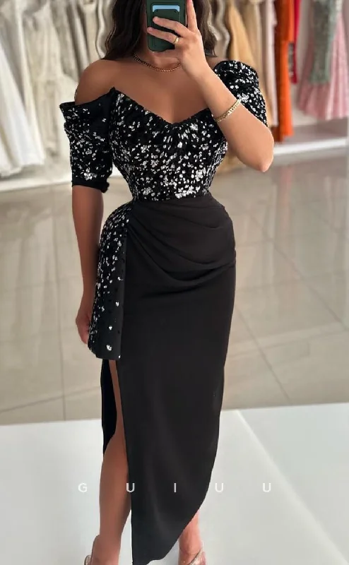 G3727 - Sexy & Hot Sheath Off Shoulder V-Neck Sequined Ankle-Length Party Gown Prom Dress with Side Slit