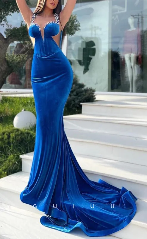 G3730 - Sexy & Hot Mermaid Sweetheart Straps Beaded and Draped Formal Party Gown Prom Dress with Cut-Outs and Sweep Train