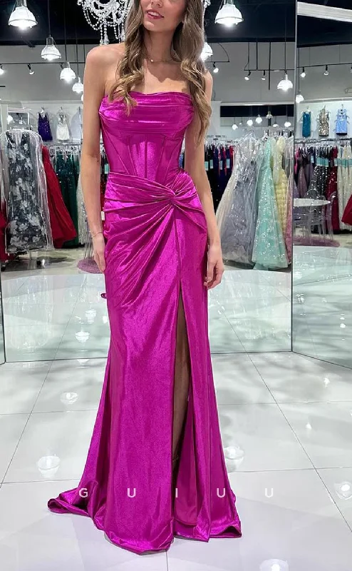 G3777 - Chic & Modern Sheath Strapless Draped Party Gown Prom Dress with Side Slit