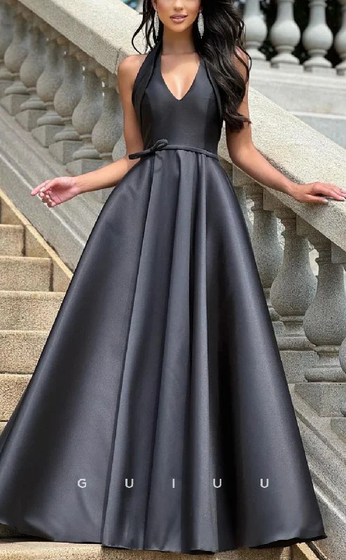 G3855 - Chic & Modern A-Line V-Neck Halter Draped Floor-Length Formal Evening Party Prom Dress with Sash