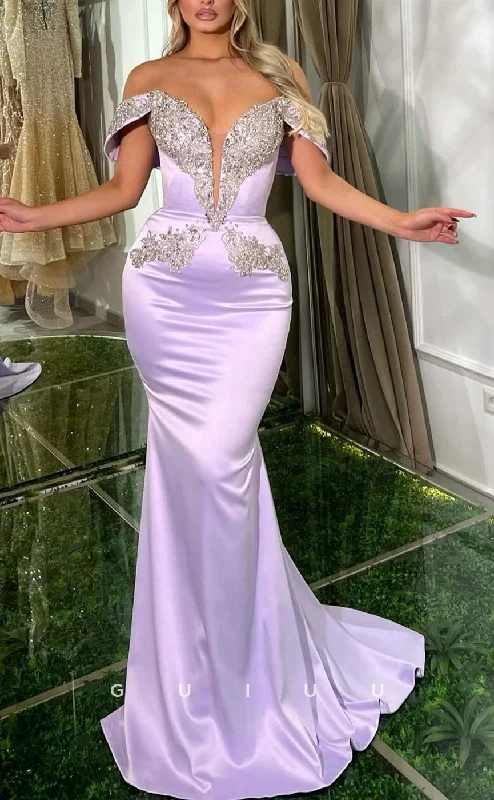 G3866 - Elegant & Luxurious Sheath Off Shoulder Floral Beaded Formal Party Gown Prom Dress