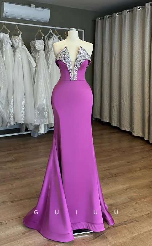 G3891 - Classic & Timeless Sheath V-Neck Floral Beaded Formal Party Gown Prom Dress with Sweep Train