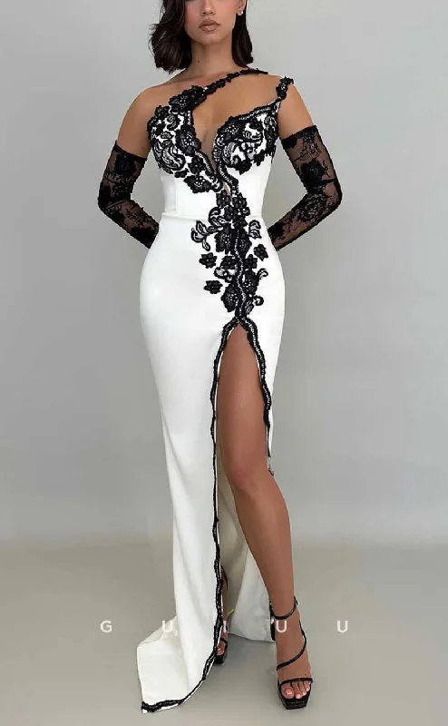 G3975 - Sexy & Hot Sheath Asymmetrical One Shoulder Floral Embriodered Evening Party Gown Prom Dress with High Slit and Long Gloves