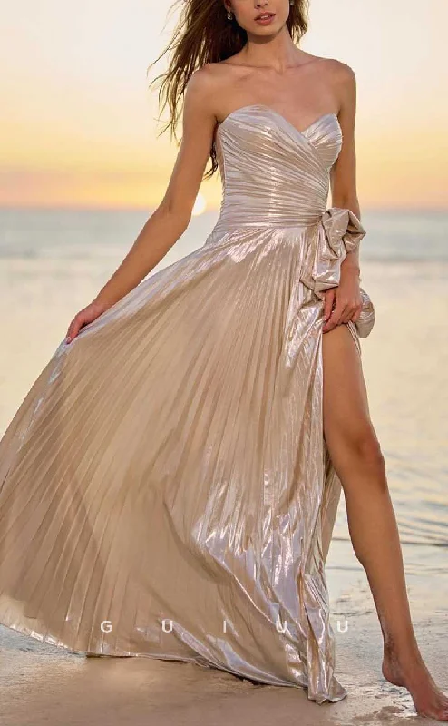 G4222 - Chic & Modern A-Line V-Neck Pleated and Floral Embossed Evening Party Prom Dress with High Side Slit