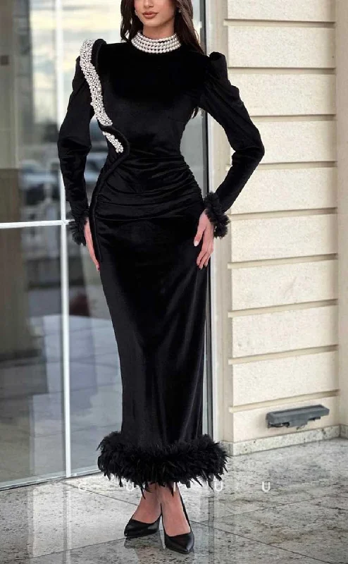 G4247 - Sexy & Hot Sheath High Neck Beaded and Ruched Ankle-Length Evening Gown Prom Dress with Long Sleeves and Feather