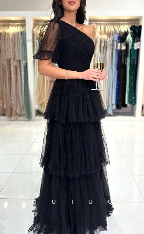 G4283 - Chic & Modern Ballgown One Shoulder Pleated Evening Party Prom Dress with Sleeves