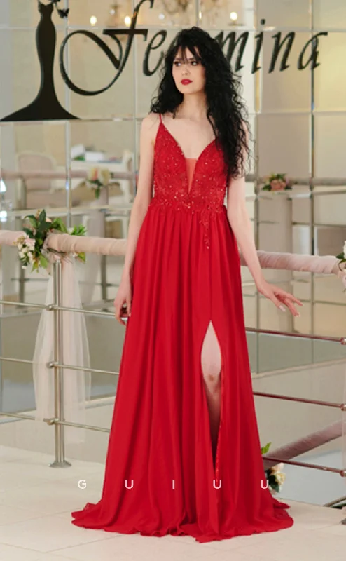 G4315 -  A-Line V Neck Straps Sleevelesss Appliques High Side Slit Long Prom Dress