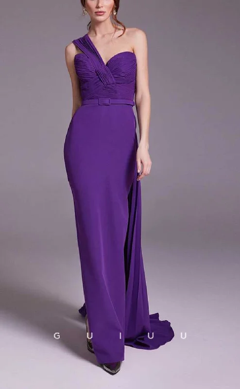 G4358 - Chic & Modern Sheath One Shoulder Draped Formal Party Prom Dress with Sash and Sweep Train