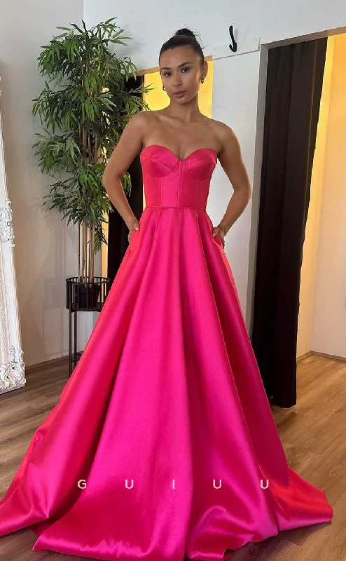 G4456 - Chic & Cute Pink A-Line Stain Strapless Sleeveless Zipper-Up Long Formal Prom Dress for Black Girl Slay