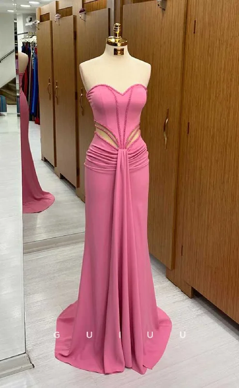 G4494 -  Chic & Cute Mermaid Colum  Strapless Pink Ruched Long Party Prom Dress