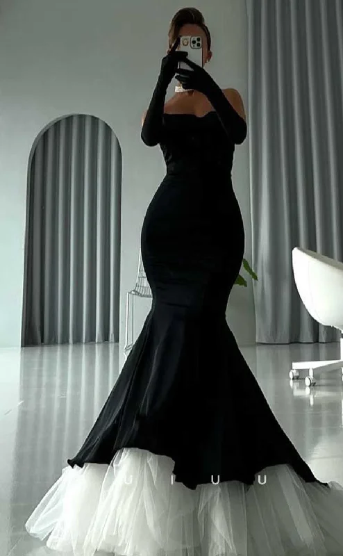 G4524 - Elegant & Timeless Strapless Long Sleeves Black Mermaid Prom Dress with Tulle Train