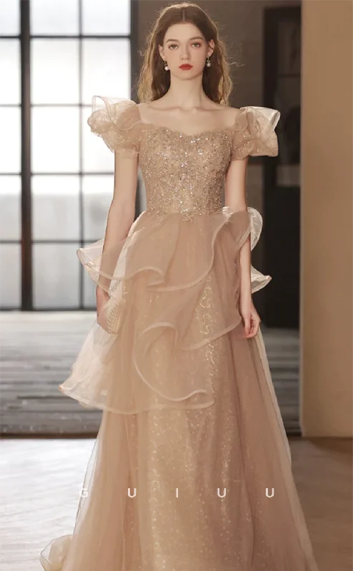 G4628 -  Elegant Champagne A-Line Off-Shoulder Tulle sequined Long Prom Dress