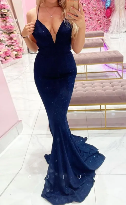 G4638 - Mermaid V Neck Straps Crisss-Crosss Straps Long Prom Dress with Train