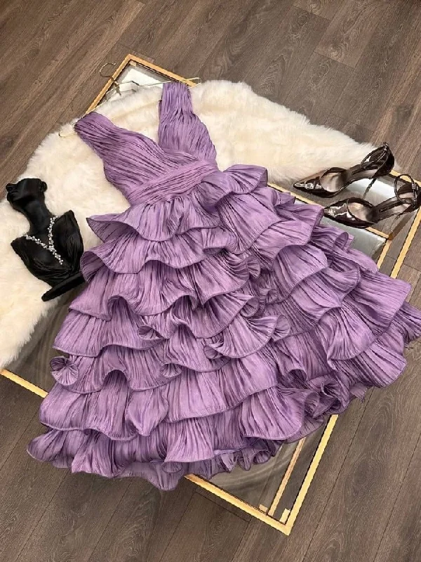 Elegant Purple V Neck A-Line Wavy Tiered Midi Formal Party Dress, DP3507