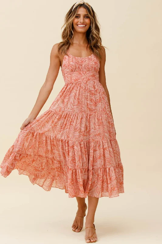 Eternal Sunshine Gathered Bust Maxi Dress Leaf Print Pink