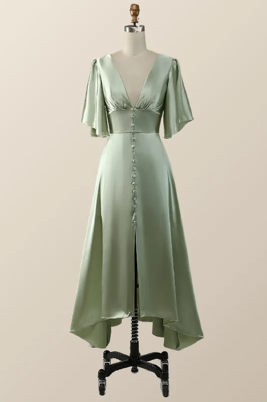 Flare Sleeves Green Empire Midi Bridesmaid Dress