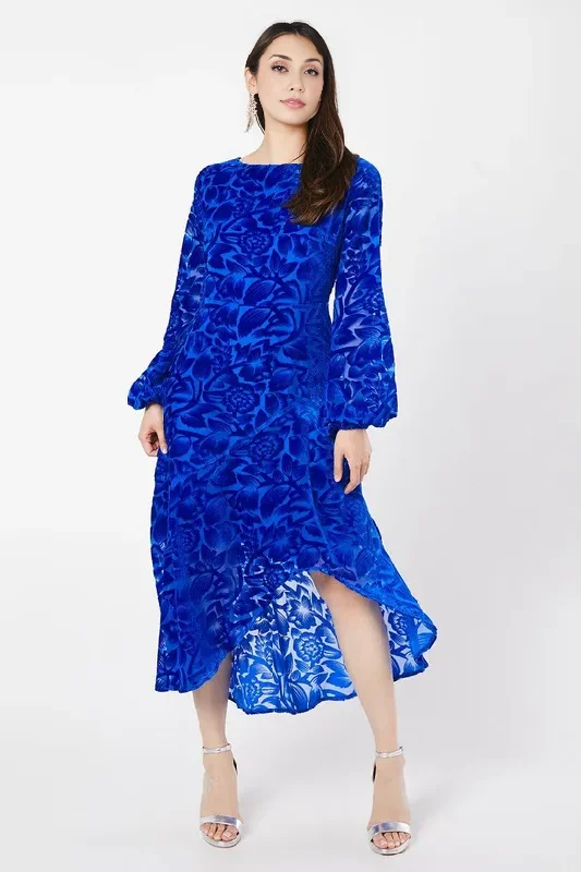 Floral Velvet High Low Long Sleeves Midi Dress Winter Wedding Guest Dresses