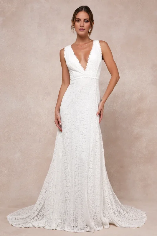 Ivory Lace Sleeveless Backless Trumpet Maxi Dress Deep V-Neck Chapel Train Wedding Dress