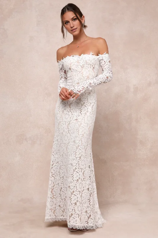 Mermaid White Lace Wedding Dresses Off-the-Shoulder Maxi Dress