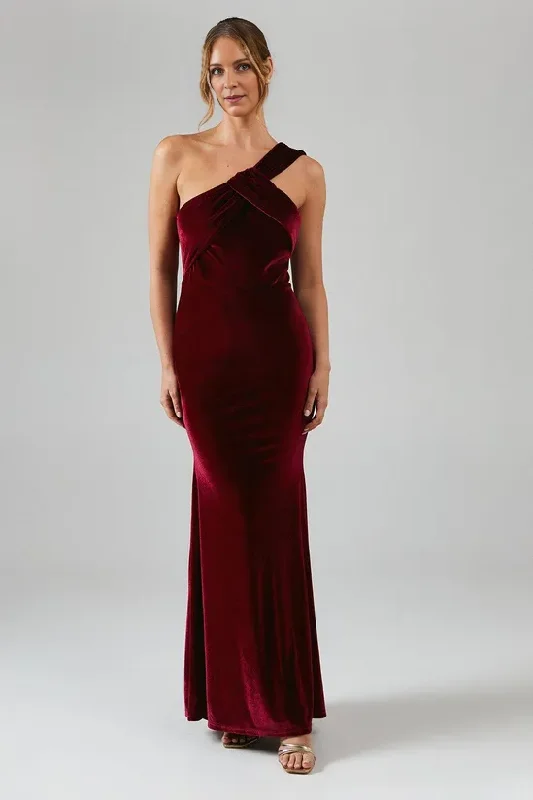 One Shoulder Twist Detail Velvet Maxi Winter Bridesmaids Dress Wedding Guest Dresses