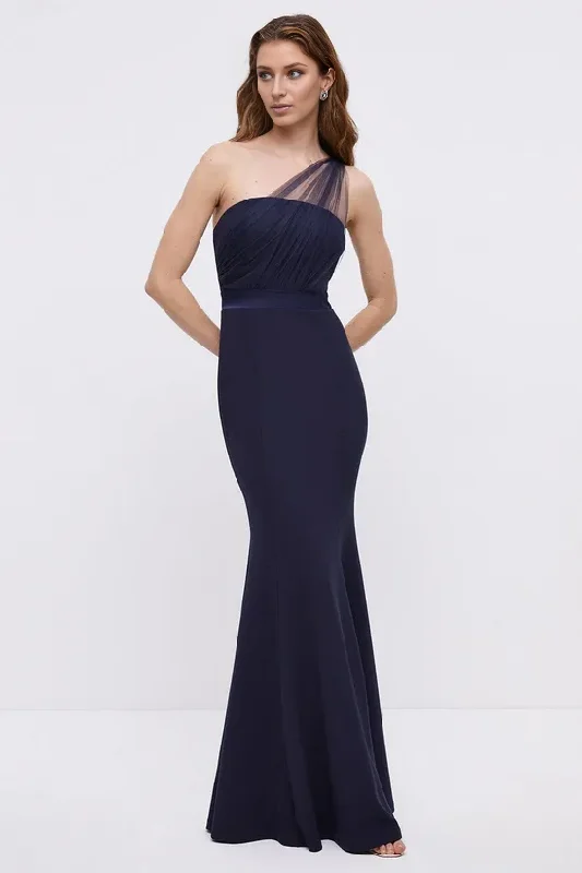 Petite Mesh One Shoulder Crepe Bridesmaid Maxi Dress Wedding Guest Dresses