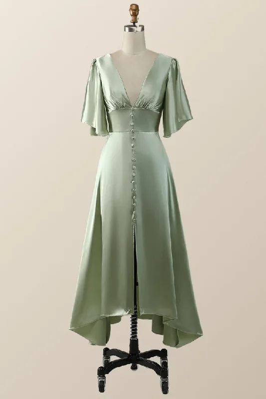 Sage Green Flare Sleeves Empire Midi Length Bridesmaid Dress,DP1821