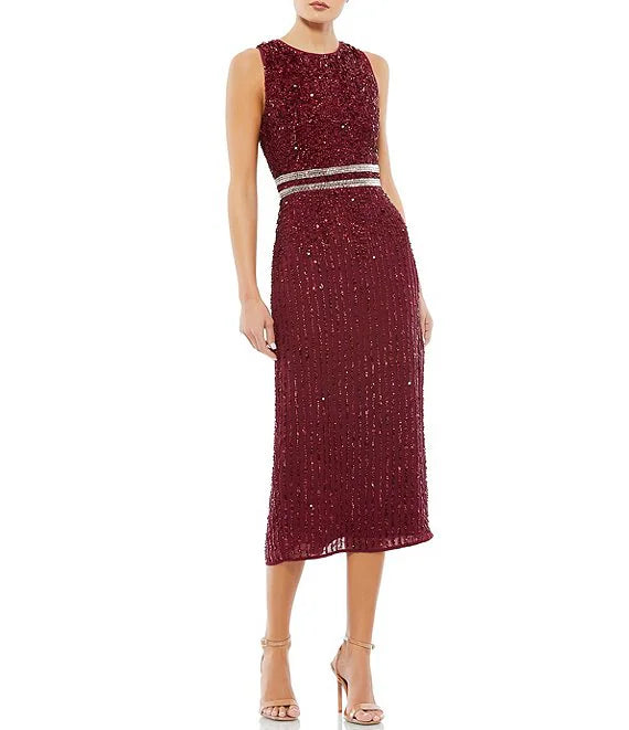 Sleeveless Sequined Chiffon Sheath Midi Dress Cocktail Dresses