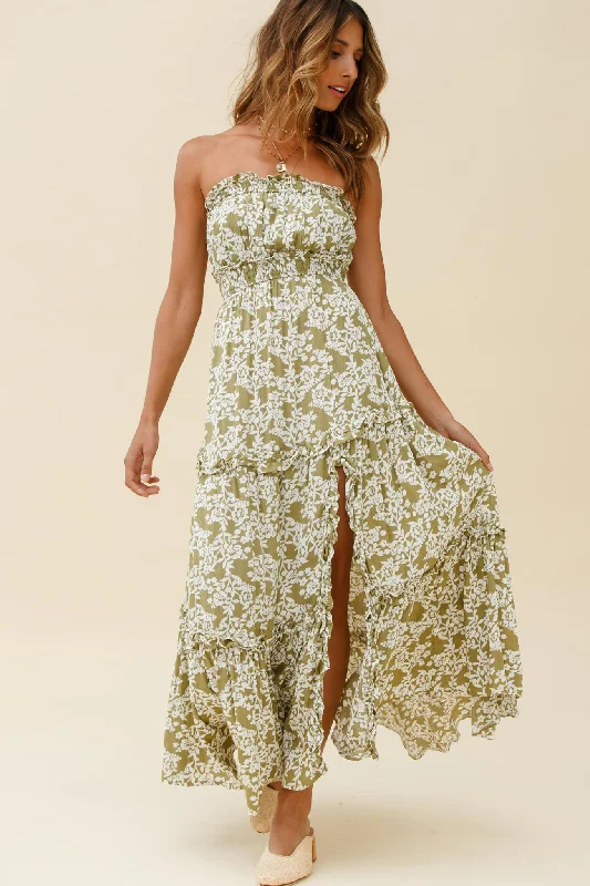 Take Me Away Strapless Maxi Dress Floral Print Green