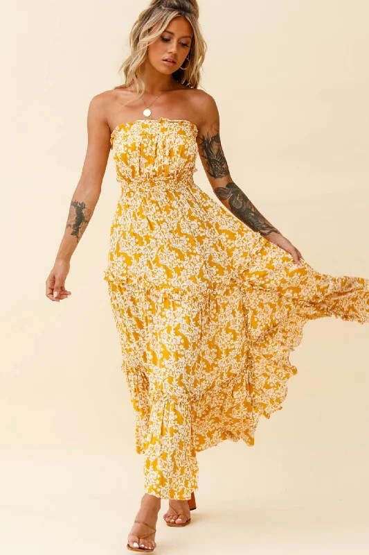 Take Me Away Strapless Maxi Dress Floral Print Mustard